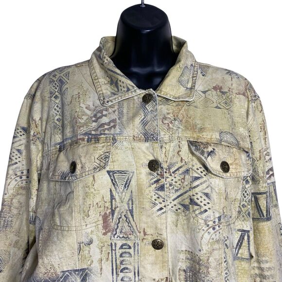 Chicos Denim Jacket Womens 2 Tribal Aztec Button Artsy Boho Lightweight Pockets - Picture 2 of 9
